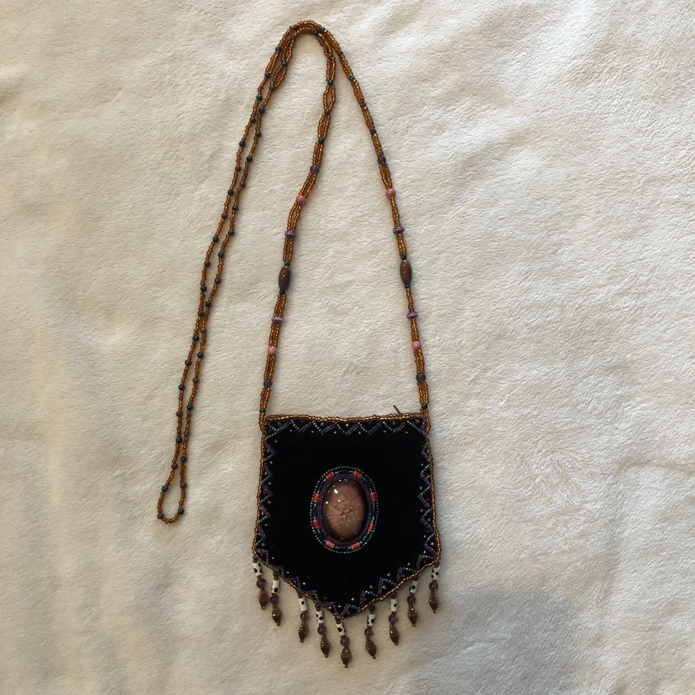 Striking Deep Purple Velvet Beaded Hippie Cross Body Bag